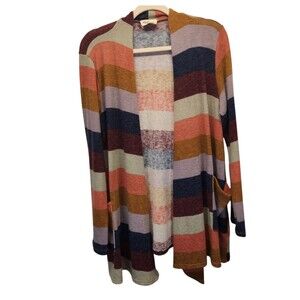 Betsey's Boutique Multi Color Stripe Open Front Knit Cardigan Sweater LARGE
